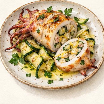Illustration: Stuffed squid with courgettes