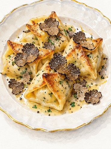 Illustration: Potato and black truffle parcels
