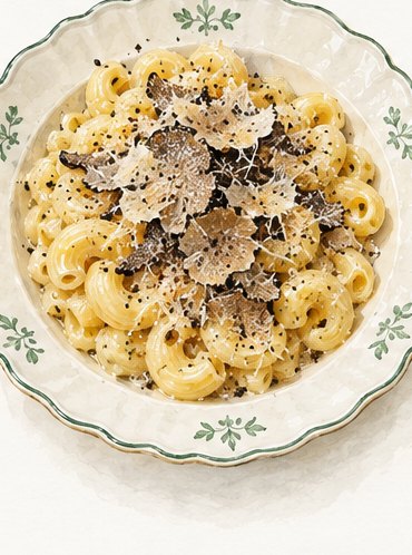 Illustration: Sweet macaroni with black truffle