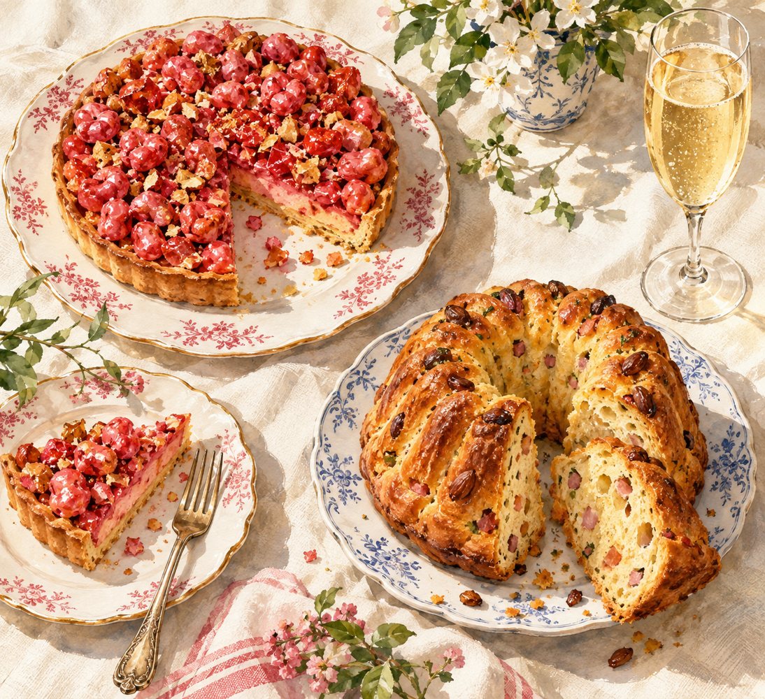 Watercolor illustration of a pink praline tart, a kouglof and a glass of Champagne